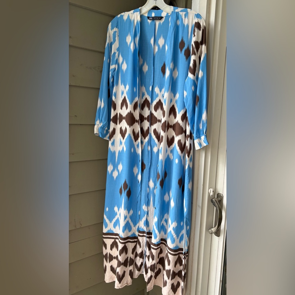 ZARA Blue, beige and brown shirt dress/duster. Sz XS but fits like a S